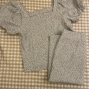 LOFT Puffed Sleeve Grey Textured Leopard Print Top & Skirt Set